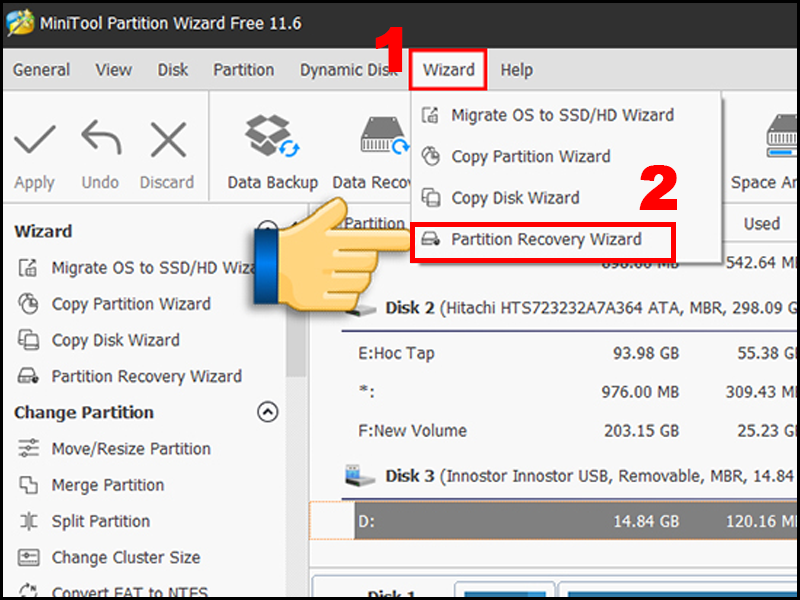 Các bạn chọn Wizard và chọn Partition Recovery Wizard